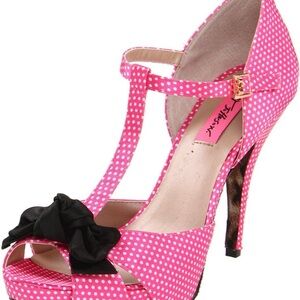 Betsey Johnson Pink Polka Dot Heels with Black Bow